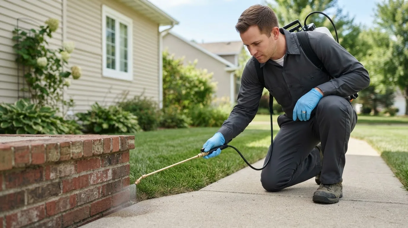 Pest control technician treating a home near Commerce Township, MI