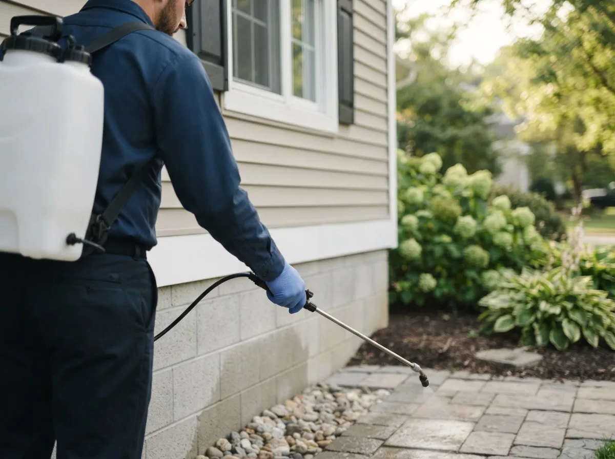 Pest control technician inspecting a home in Commerce Township, MI